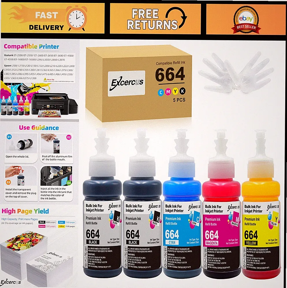 70ml Ink Bottle Replacement for 774 664 T774 T664 - 5 Pack (2 Black, Cyan, Magen