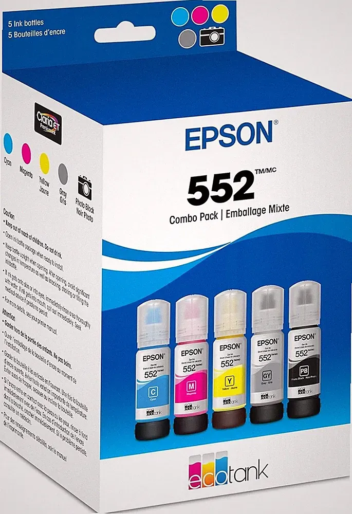 EPSON 552 EcoTank Ink Ultra-high Capacity Bottle 5 Color Combo Pack BK/C/M/Y/GR
