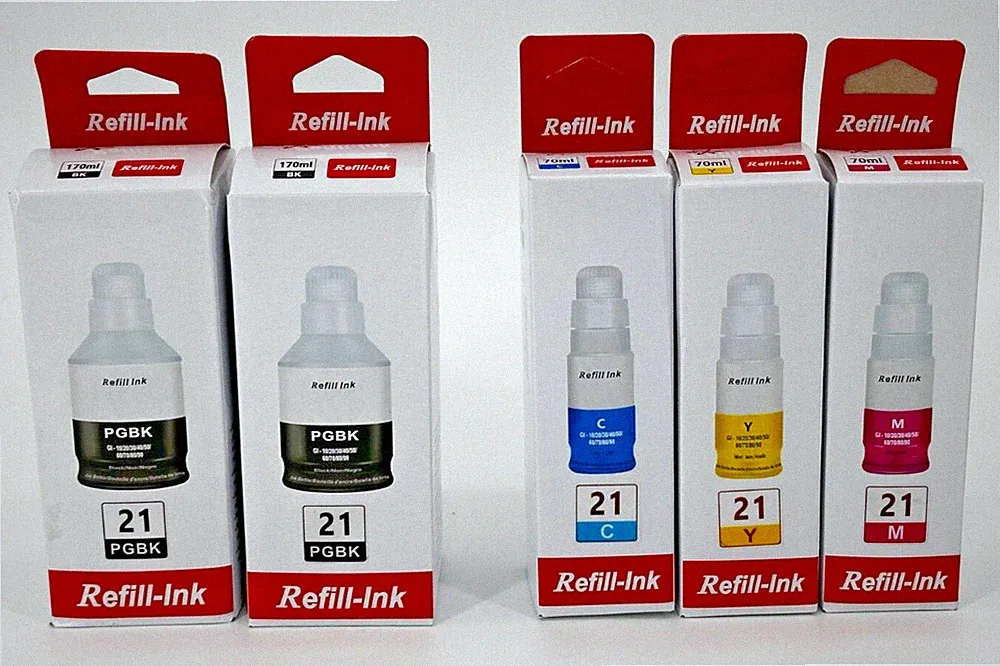 NEW Set of GI-21 Printer Ink Refill Bottles ~ C+M+Y (70 ml) + 2 Black (170 ml)